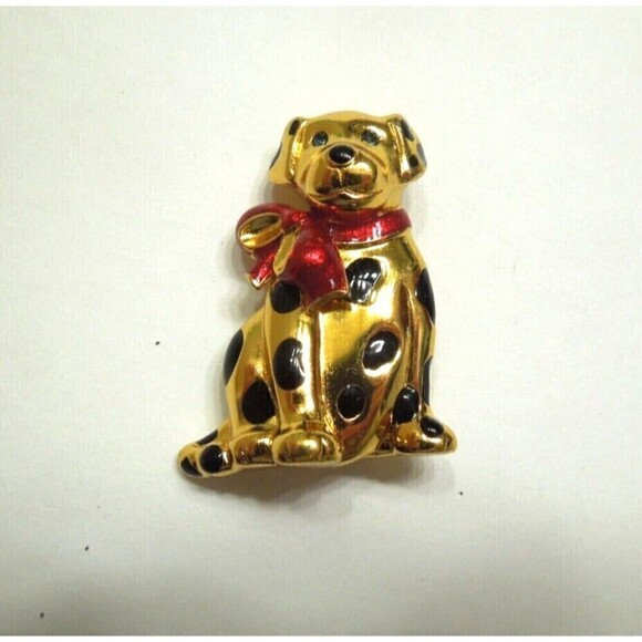 Carolee Dog Brooch Gold-tone Black Red Enamel Dalmation with Bow Vintage - Picture 1 of 5